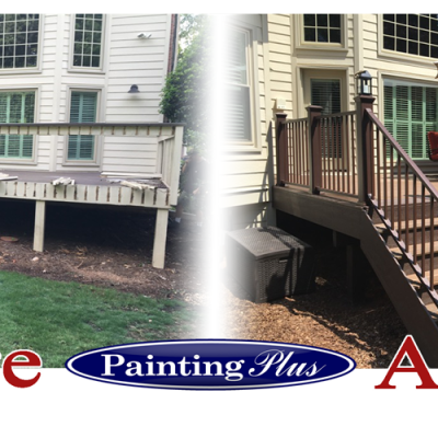 Before and after comparison of a deck renovation. The left shows a worn, unfinished deck, while the right reveals a Painting Plus transformation with a newly constructed, finished deck in dark wood and an elegant set of stairs.