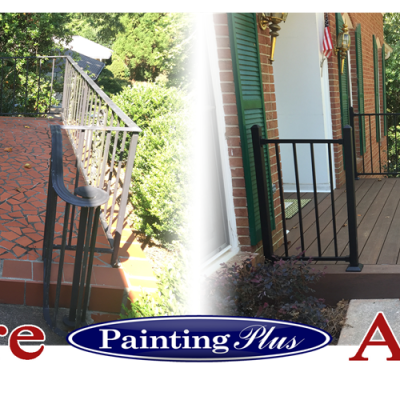 A side-by-side comparison from Painting Plus showcases a porch transformation, replacing red tile with elegant wooden decking. Distinct "Before" and "After" labels highlight the stunning makeover.