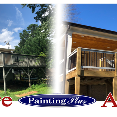 A house before and after renovation, featuring the older image on the left with a weathered exterior, and the updated image on the right showcasing a modern porch, fresh paint, and expert touch from Painting Plus.