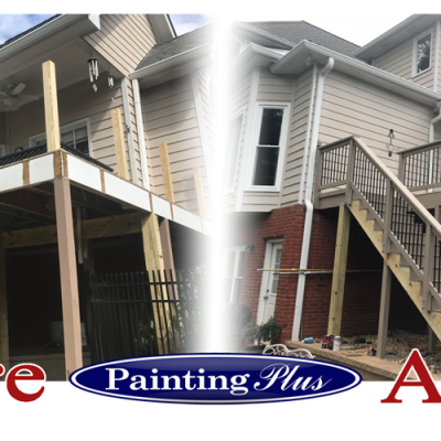 Side-by-side comparison of a home renovation highlights a porch and staircase under construction on the left and perfectly completed with a fresh coat by Painting Plus on the right, labeled "Before" and "After.