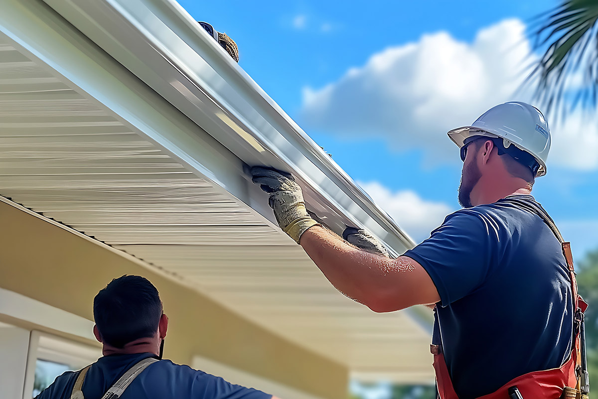 Construction team installs new roof gutters under sunny blue sky